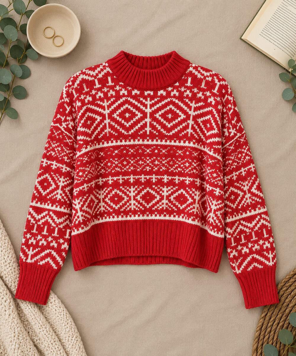 Old Navy SoSoft Fair Isle Sweater Red White Nordic Christmas Après Ski Size M